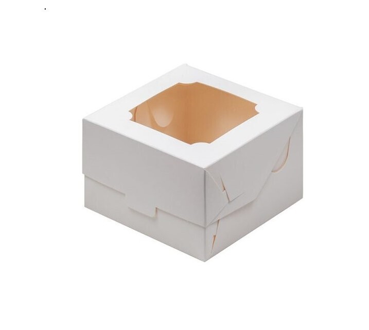 Коробка для бенто торта, 160x160x80мм, мелованный картон, белая, с окном