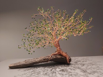 Copper tree with green beads on bog oak
