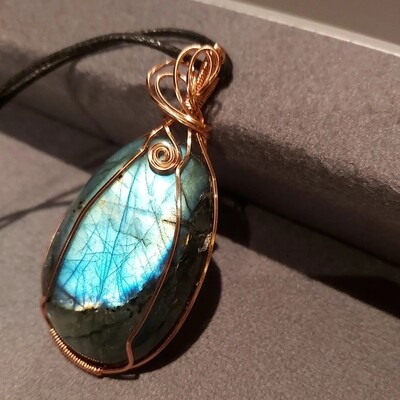 Labradorite pendant wrapped in copper wire