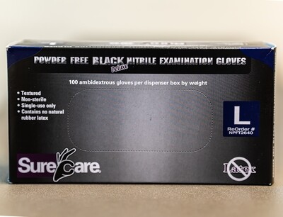 Nitrile Gloves, Black, 6mill, textured by Sure Care LARGE