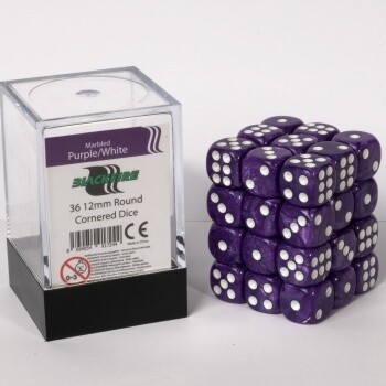 Dice Cube - 12mm D6 36 Dice Set - Marbled Purple/White