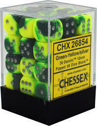 Green-Yellow/silver Gemini 12mm D6 Dice Block™ (36) - Chessex
