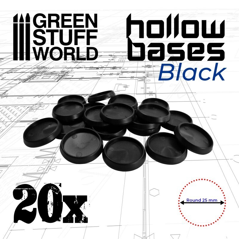 Runde Kunststoffbasen mit Vertiefung (Hollow Plastic Round) - Schwarz 25mm - Greenstuff World