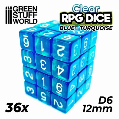 36x W6 12mm Spielwürfel Dice - Blau/Türkis Transparent - GSW