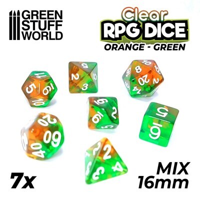 7x Mix 16mm Spielwürfel DICE - Orange/Grün Transparent - GSW