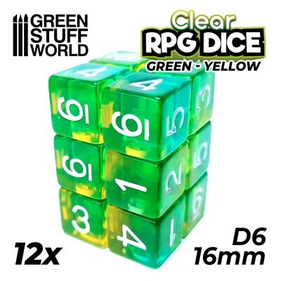 12x W6 16mm Spielwürfel - Grün/Gelb Transparent - GSW