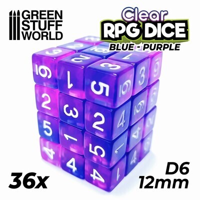 36x W6 12mm Spielwürfel DICE - Blau/Lila Transparent - GSW