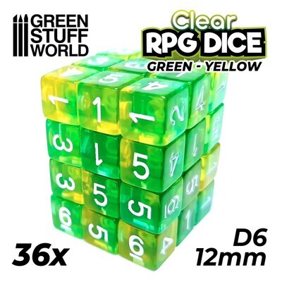 36x W6 12mm Spielwürfel Dice - Grün/Gelb Transparent - GSW