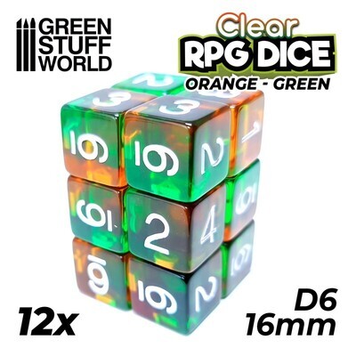 12x W6 16mm Spielwürfel DICE - Orange/Grün Transparent- GSW