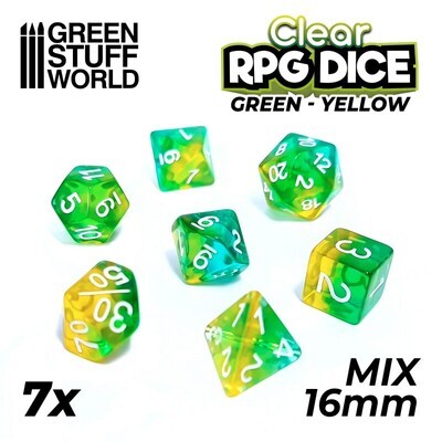 7x Mix 16mm Spielwürfel DICE - Grün/Gelb Transparent- GSW