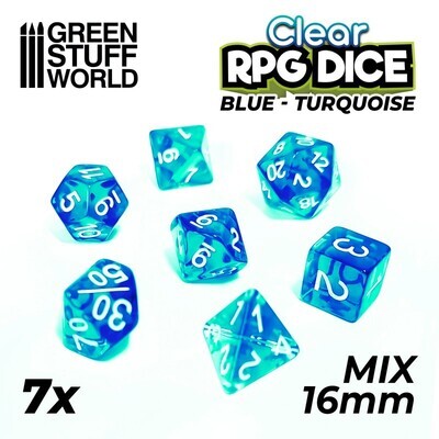 7x Mix 16mm Spielwürfel DICE - Blau/Türkis Transparent- GSW