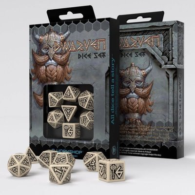 Dwarven Würfel Set beige & schwarz (7) - Q-Workshop