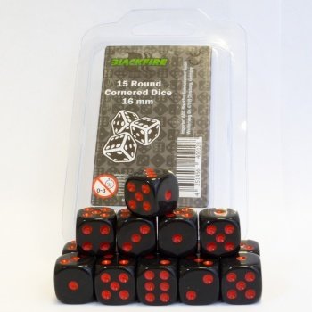 16mm D6 Dice Set - Black with Red Dots (15 Dice) - cornered