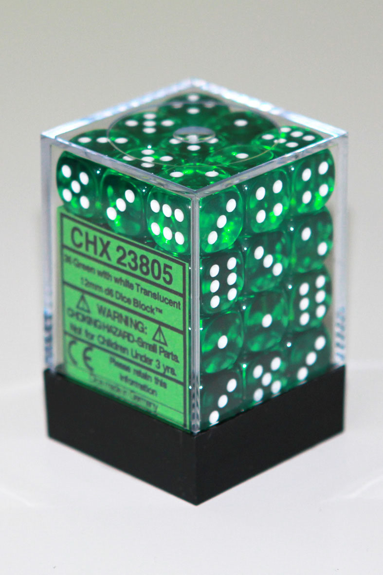 Grün/Weiss - Translucent 12mm D6 Dice Block™ (36) - Chessex