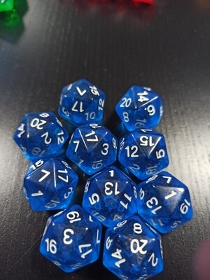 W20 D20 - 20-seitig, transparent (1x) Blau