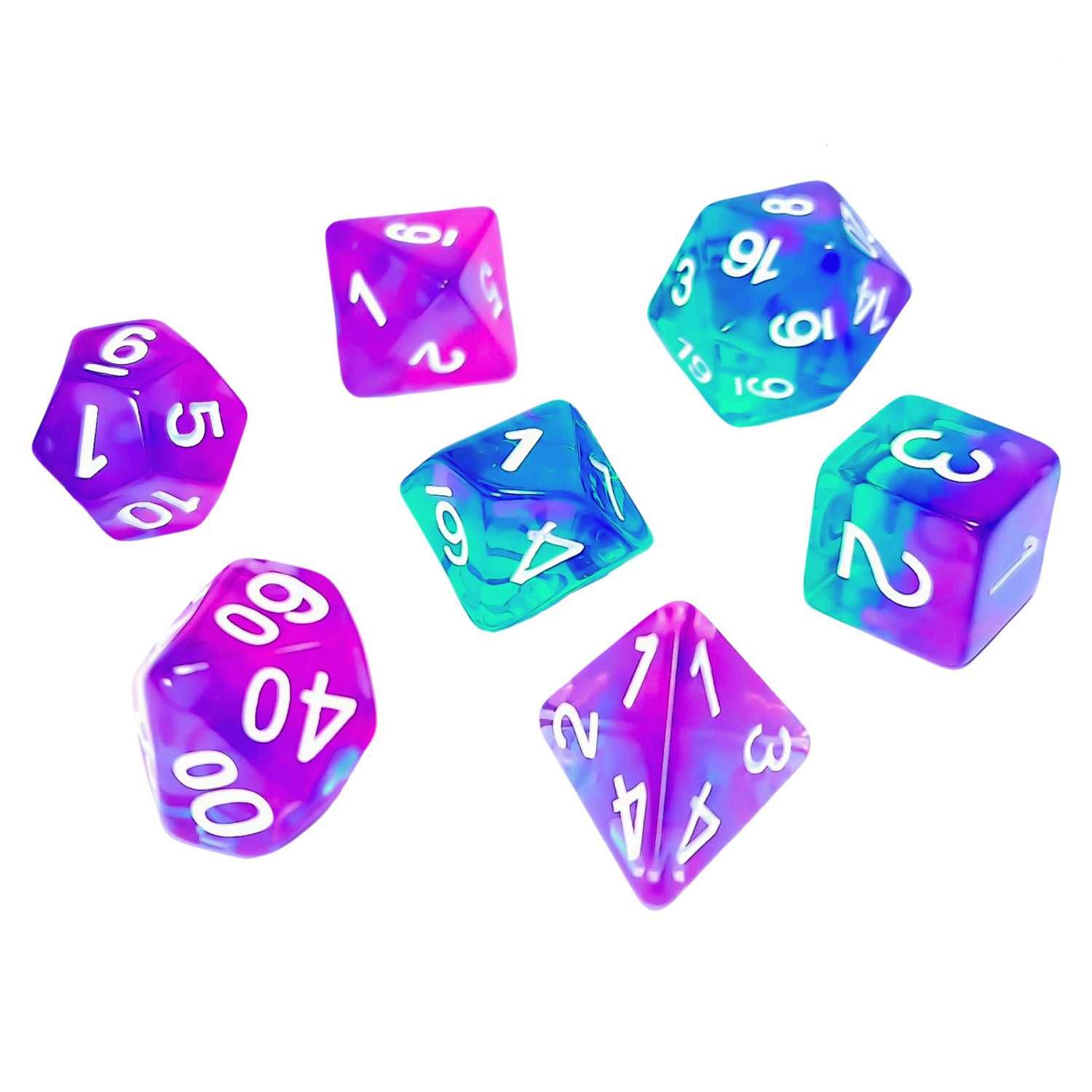 7x Mix 16mm Spielwürfel - Türkis/Lila Transparent - RPG-Dice 7x Mix 16mm Spielwürfel - Türkis/Lila Transparent - RPG-Dice