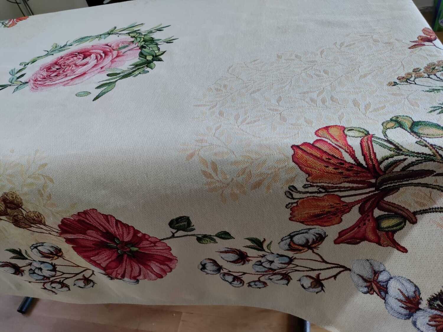 Față de masă 140x180 cm, țesătură  goblen - maci, hortensii, bumbac
