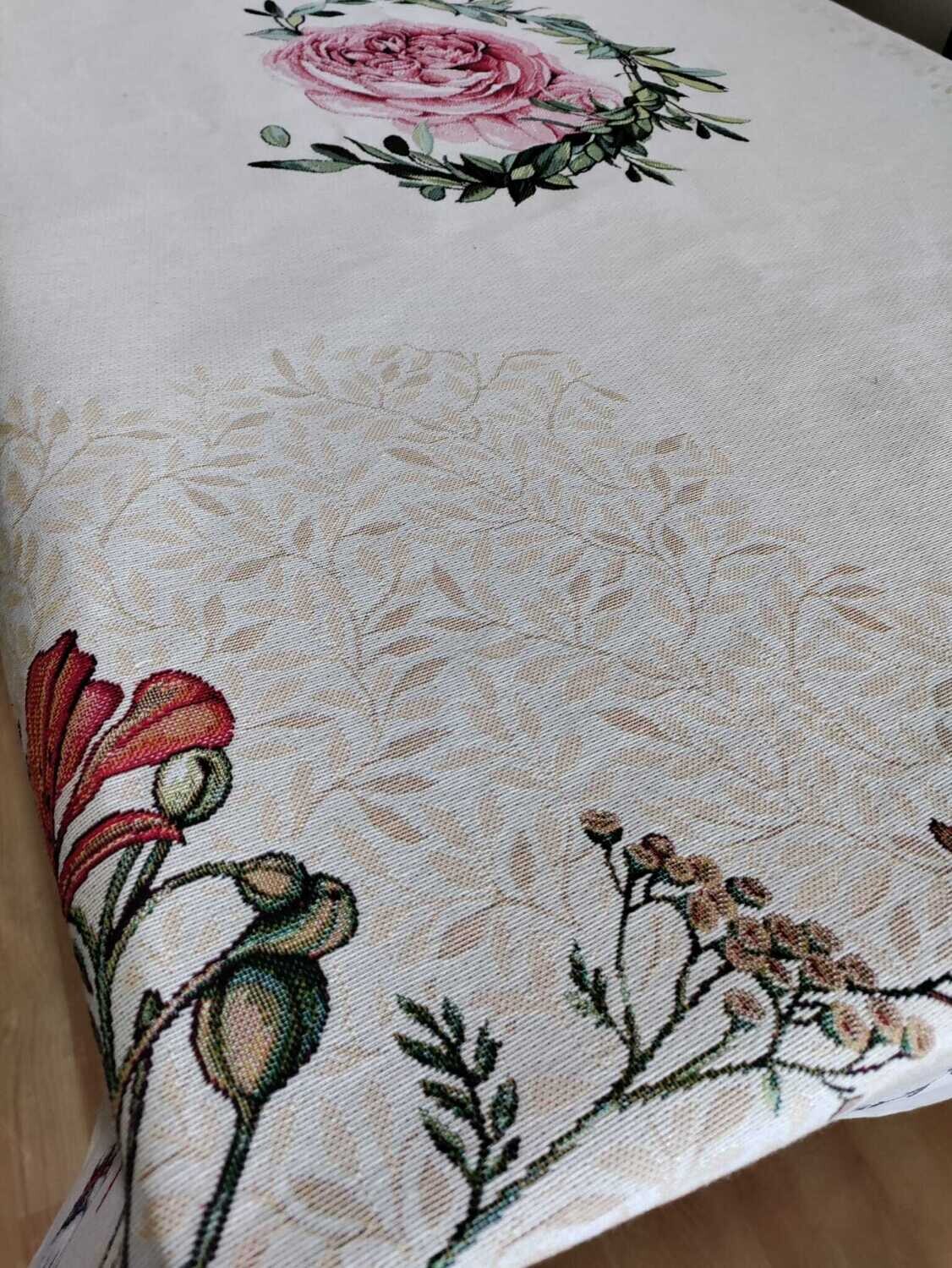 Față de masă 140x180 cm, țesătură  goblen - maci, hortensii, bumbac