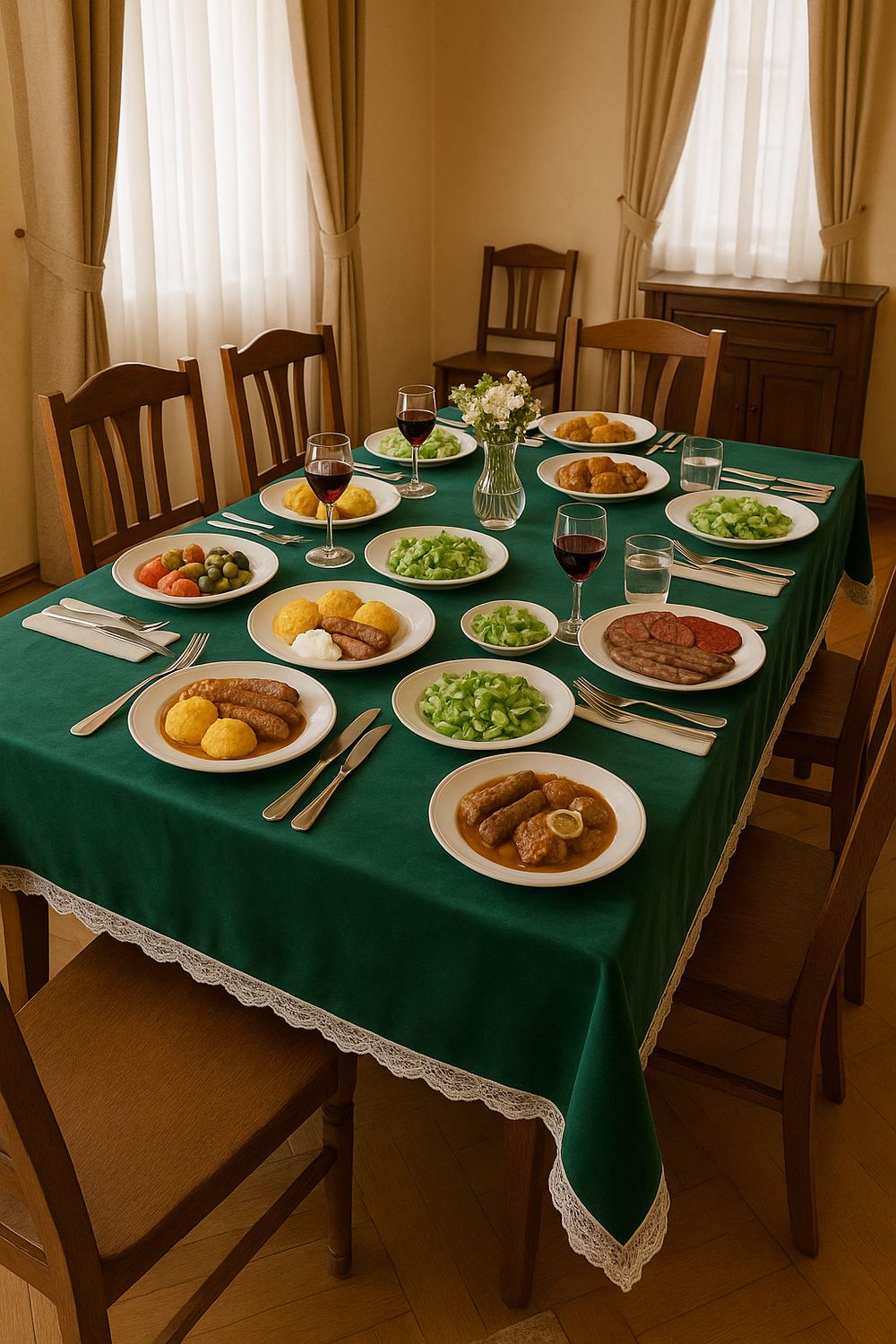 Fata masa catifea fixa verde inchis cu bordura dantelă  ivory