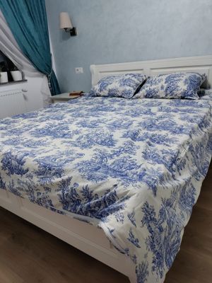 Lenjerie pat bumbac satinat Toile de Jouy- albastru