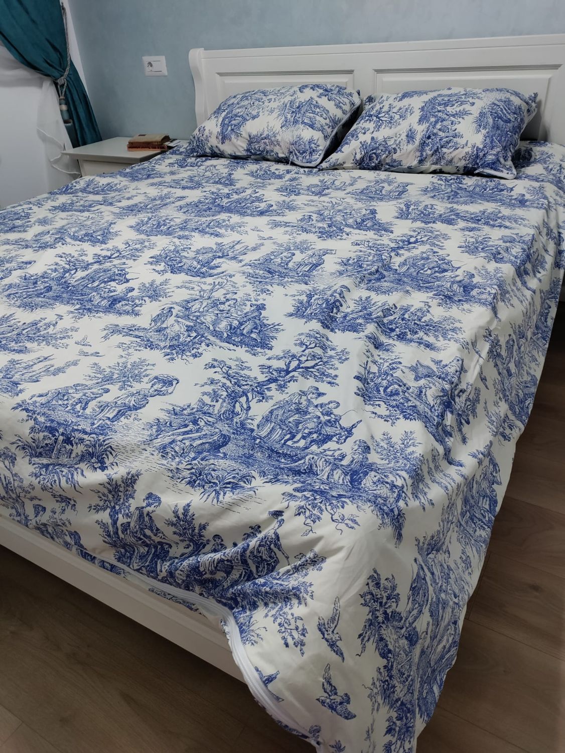 Lenjerie pat bumbac satinat Toile de Jouy- albastru