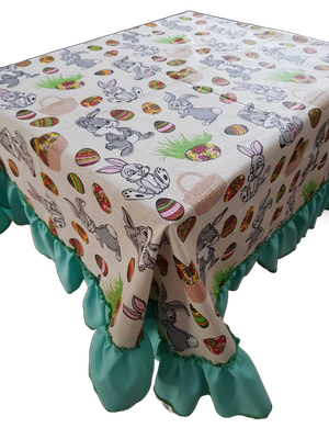 Față de masă bumbac cu imprimeu iepuri și volan încrețit (120x120 cm)