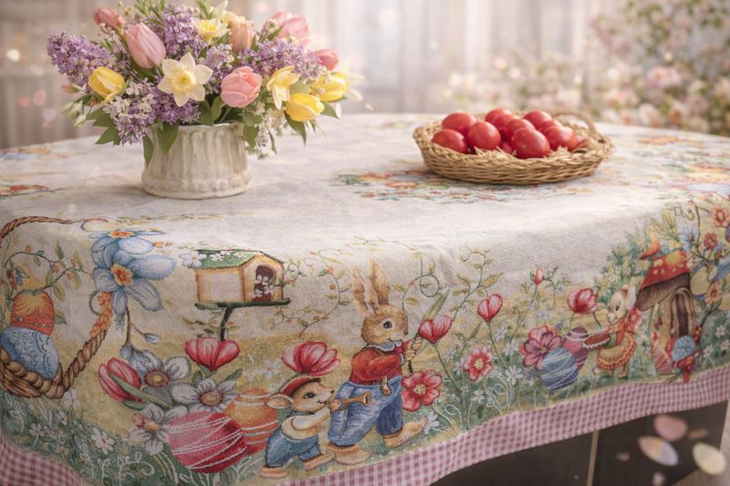 Față de masă goblen 140x180 cm – model Paște cu iepurași, ouă decorative și flori de primăvară