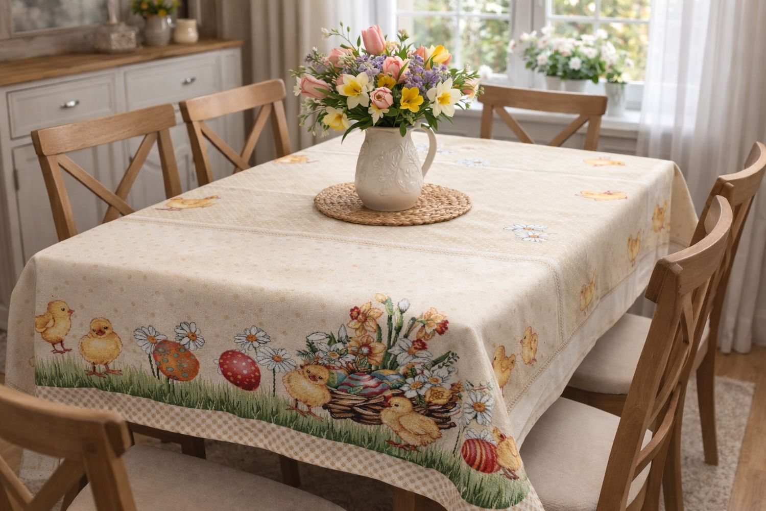 Față de masă 140x240 cm decor pascal puișori și ouă colorate