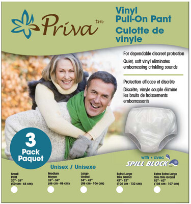 Priva Pull-On Vinyl Pant - Reusable Waterproof Unisex Latex-Free - 3/Pkg