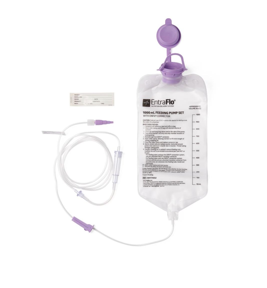 Entraflo Gravity Feeding Set w/ 1000ml Bag and Attached Enfit Transitional Tube Connector (Each Set)