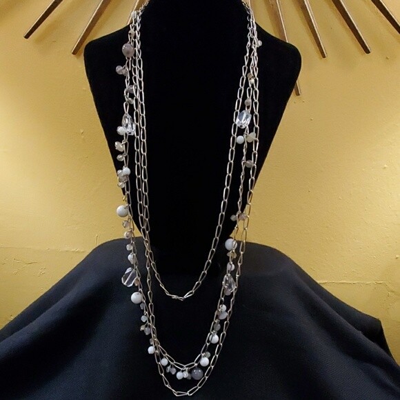 LOFT Grey White Bead Tiered Necklace #742