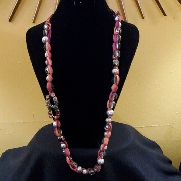 LOFT Pink Ribbon Rhinestone Necklace #524