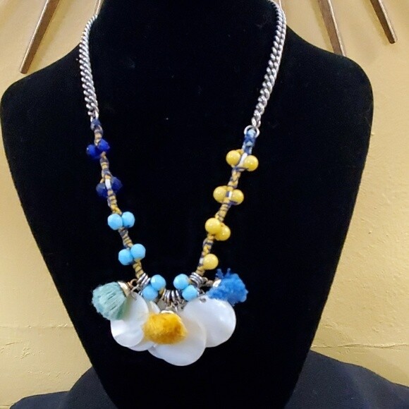 LOFT Blue Yellow Bead Pom Pom Necklace #592