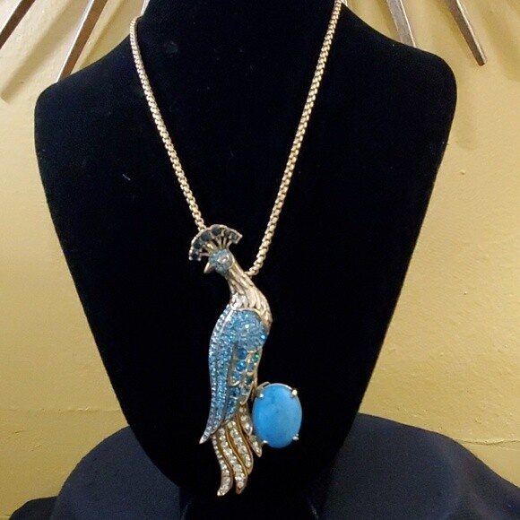 Ann Taylor Turquoise Jeweled Peacock Pendant Necklace/Pin Brooch #800