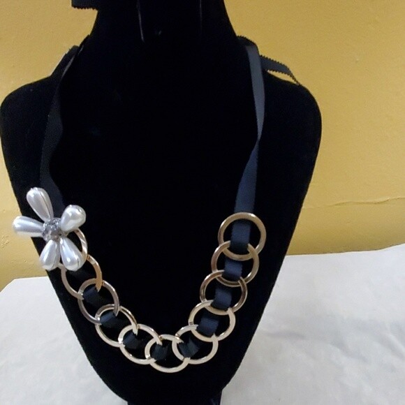 LOFT Floral Pearl Black Ribbon Necklace #78