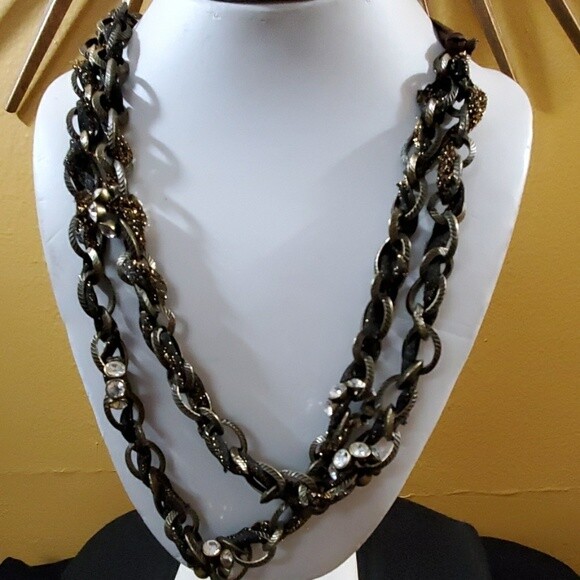 LOFT Gold Brown Ribbon Rhinestone Necklace #167