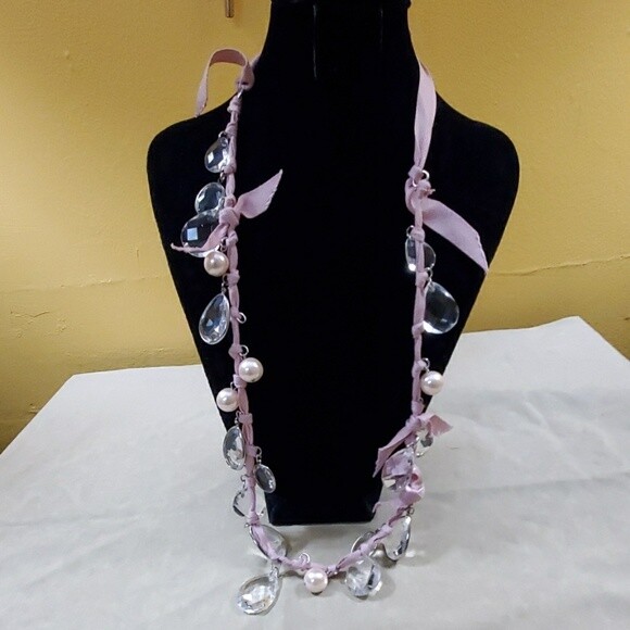 LOFT Lavendar Ribbon Pearl Dangle Necklace #71