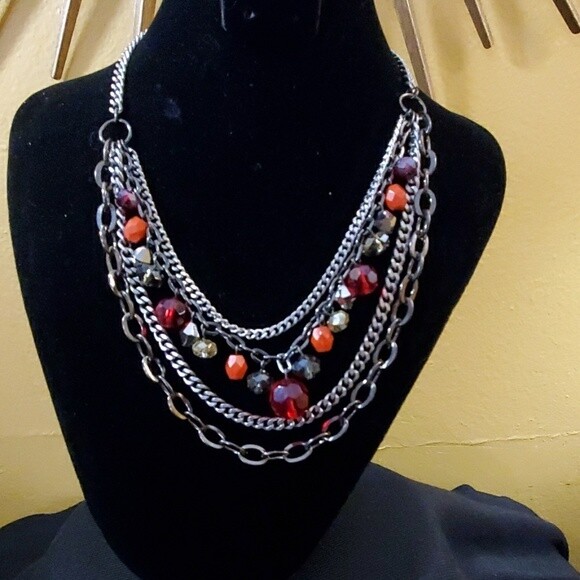 Ann Taylor Red Silver Multistrand Necklace #87