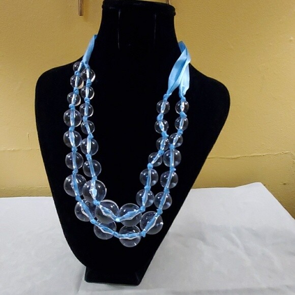 LOFT Sky Blue Ribbon Clear Ball Necklace #74