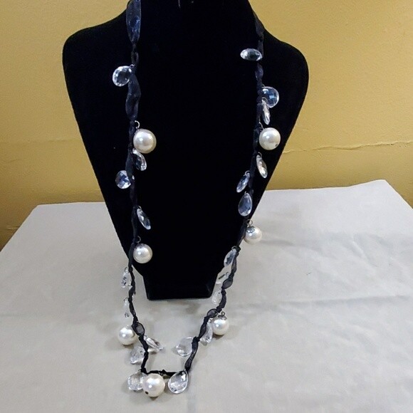 Stephan &amp; Co Mesh Ribbon Dangle Pearl Necklace #63