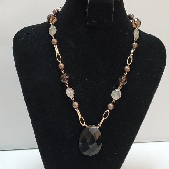 Ann Taylor Brown Bead Stone Pendant Necklace #26