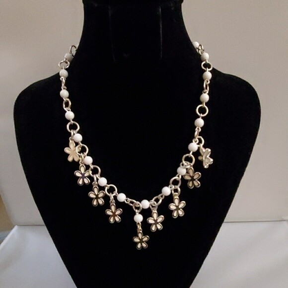 LOFT White Floral Beaded Dangle Necklace #19
