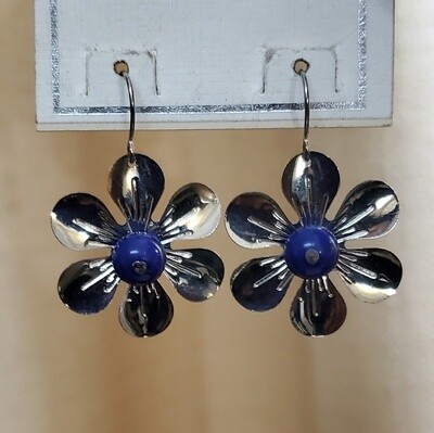 Floral Silver Metal Blue Ball Earrings #412