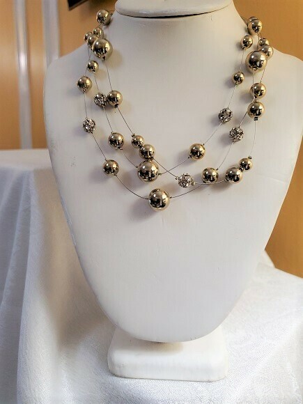 3-Tier Goldtone Rhinestone Ball Necklace #774