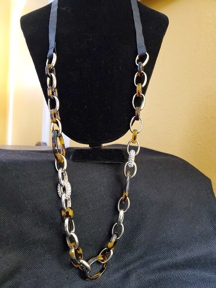Ann Taylor Leather Brown Rhinestone Chainlink Necklace #792