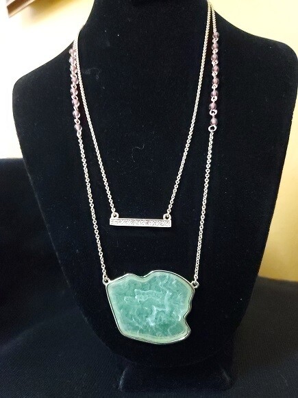 Goldtone Green Stone Rhinestone Pendant Necklace #795