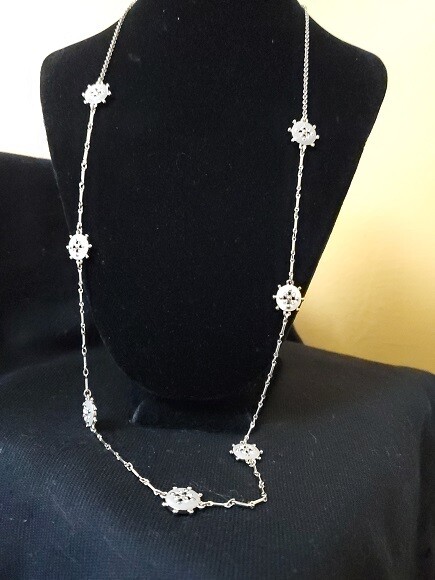Ann Taylor Goldtone Green White Enamel Rhinestone Necklace #809