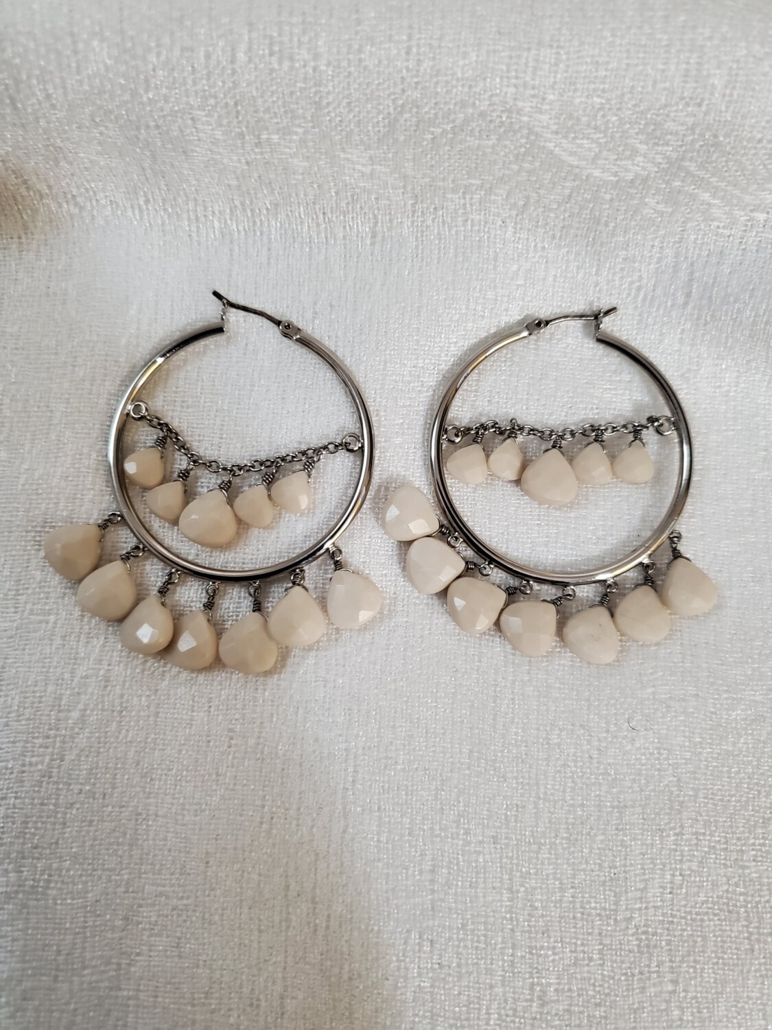 Ann Taylor Silvertone Cream Bead Dangle  Hoop Earrings #847
