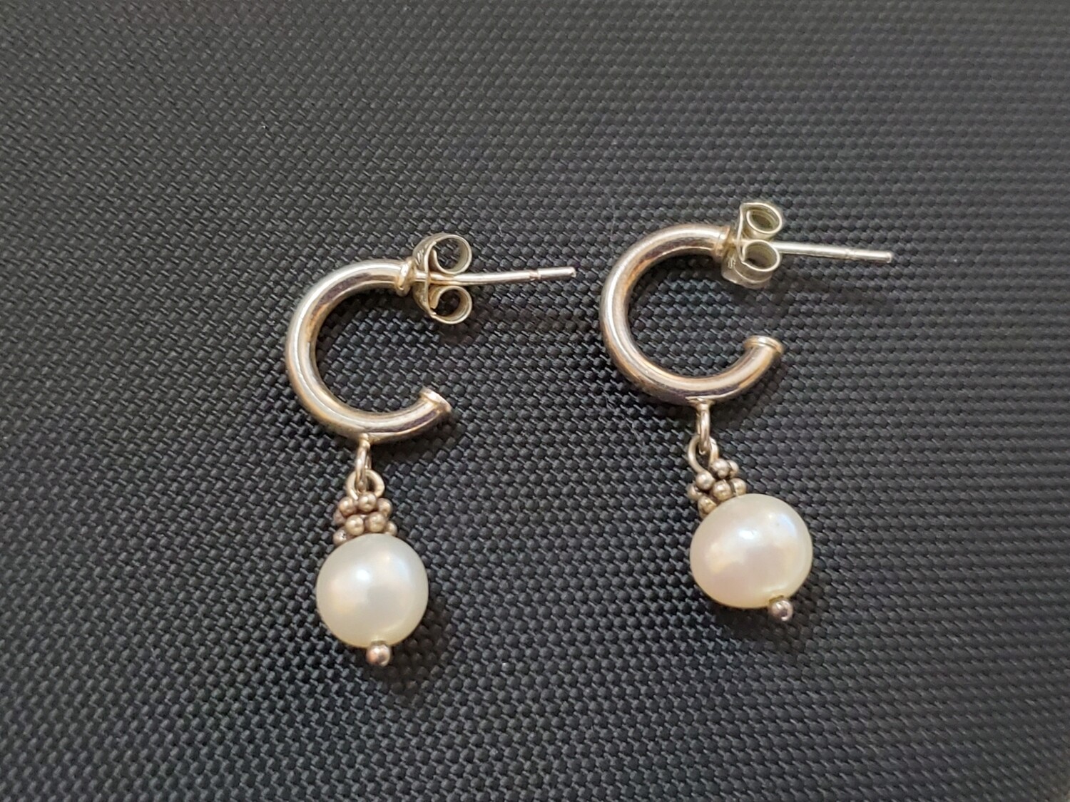 Silvertone Half Hoop Faux Pearl Dangle Earrings #897