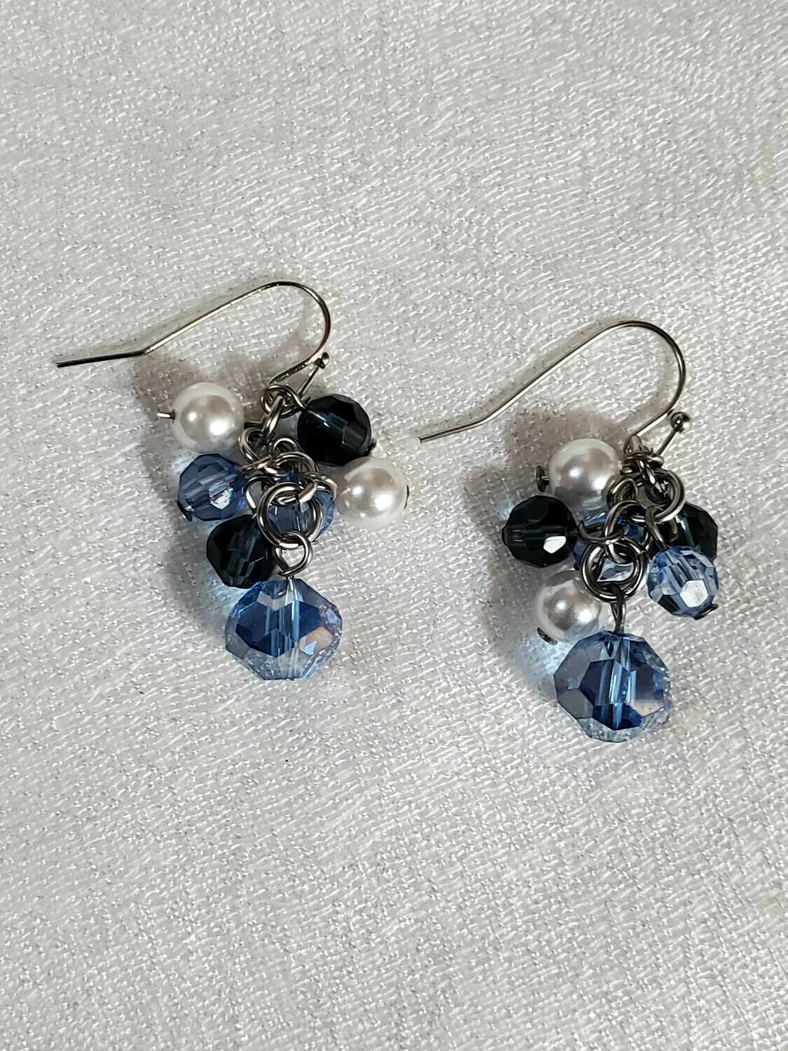 Blue &amp; Faux Pearl Cluster Earrings #896